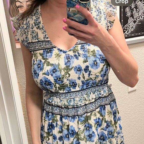 Moon River Maxi Dress Smocked Blue and White Floral Size M - Picture 3 of 8